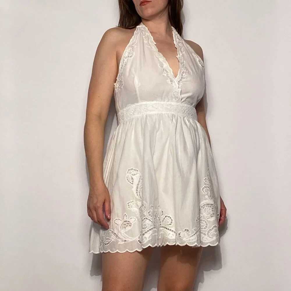 Zara Crisp White Victorian Embroidered Mini Halter Dress -- L - Picture 3 of 7